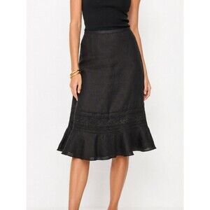 Ann Taylor LOFT 100% Linen Midi Skirt Size 6 Black Ruffle Hem Feminine Classic